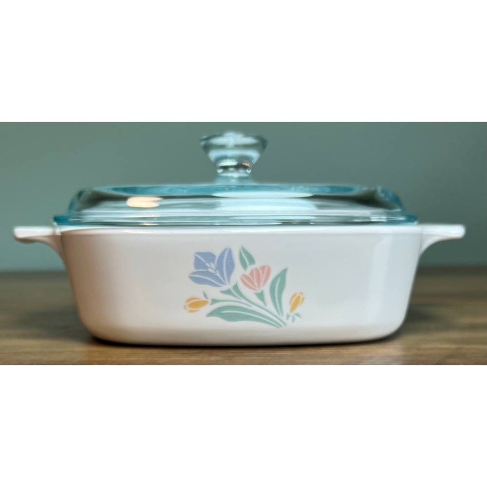 Corning Ware Pastel Bouquet Casserole Dish with Lid 7 Inch Square Vintage White
